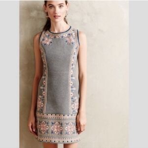 Anthropologie Maeve Grey Embroidered Dress